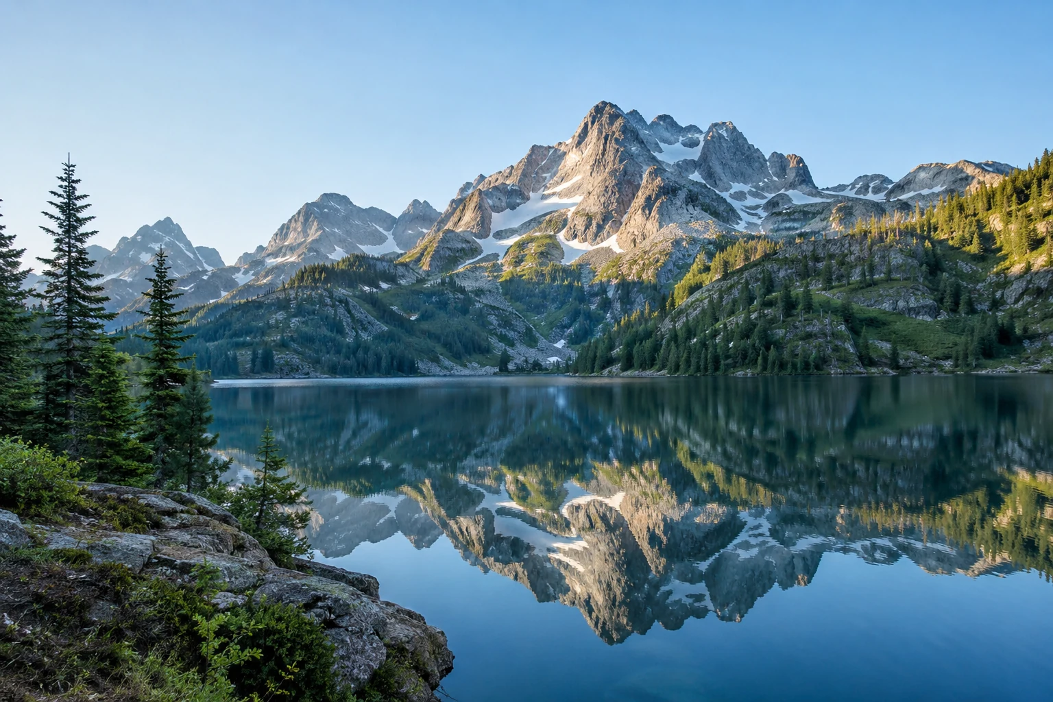 A mountain lake under a clear sky.