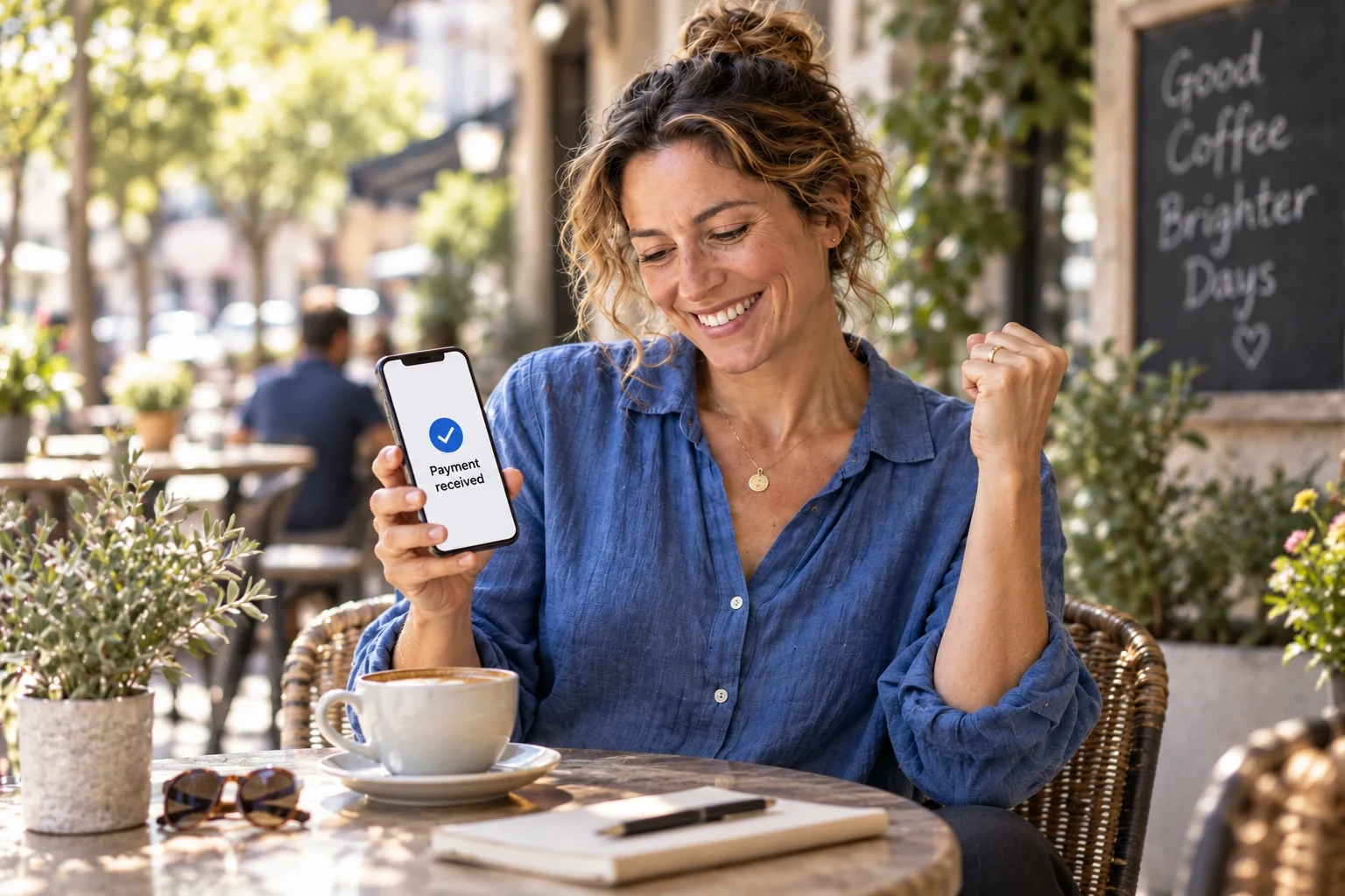 The customer smiles at a payment notification on a phone.