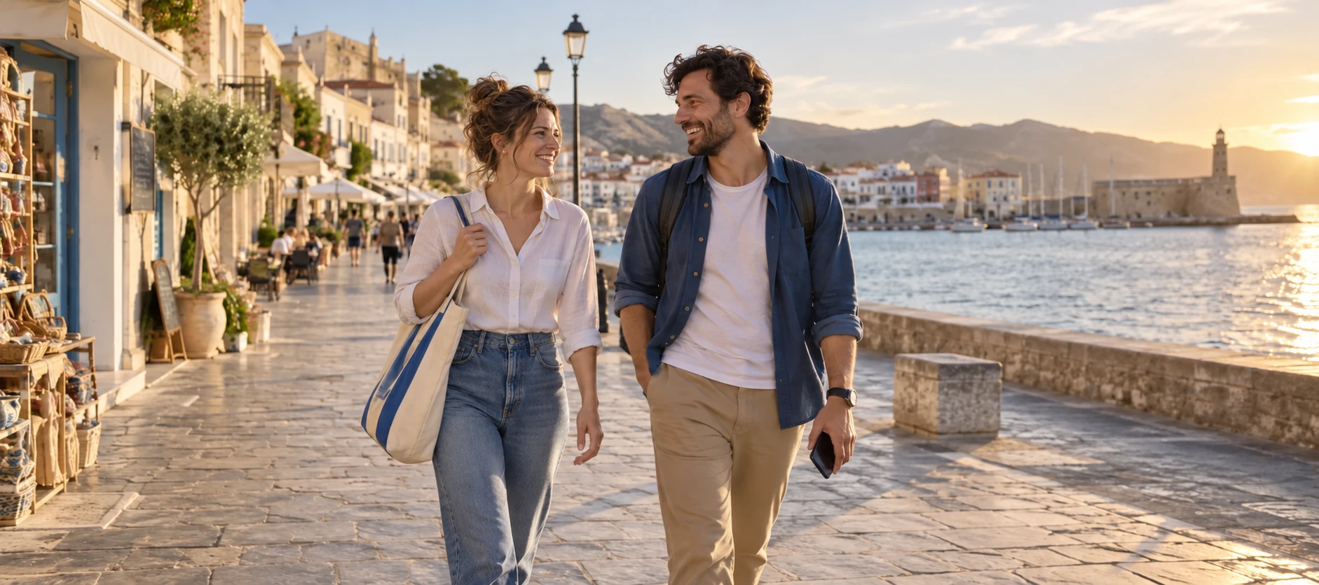 Two friends walking along a waterfront in the afternoon.