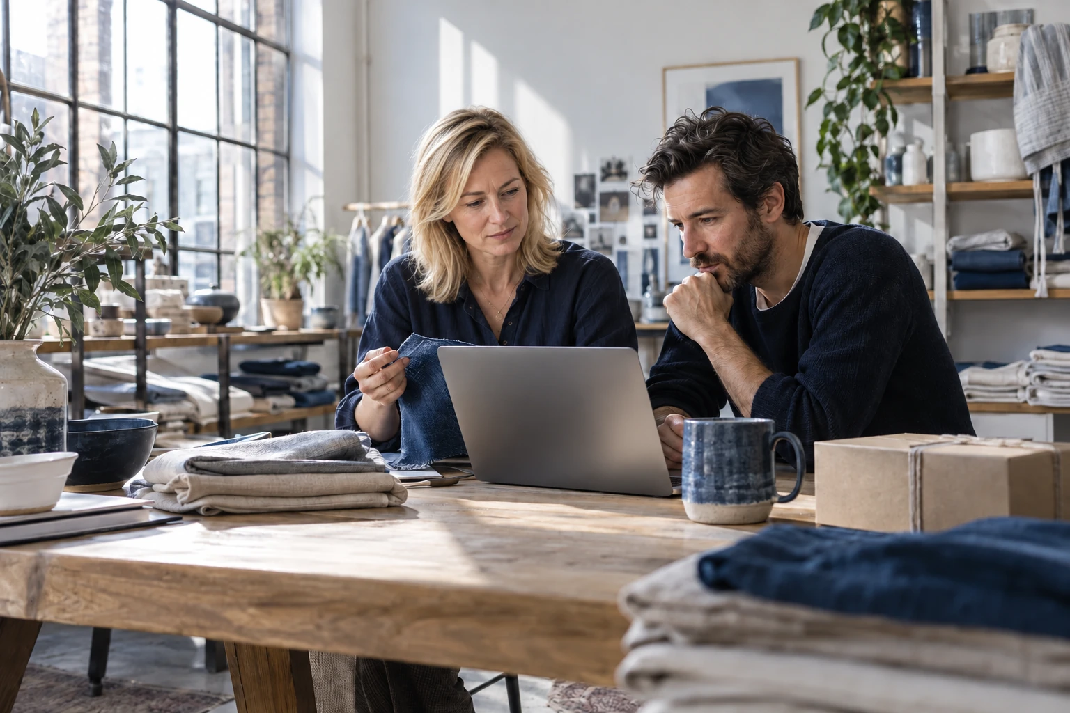 A shopkeeper and colleague reviewing fabric and a laptop.