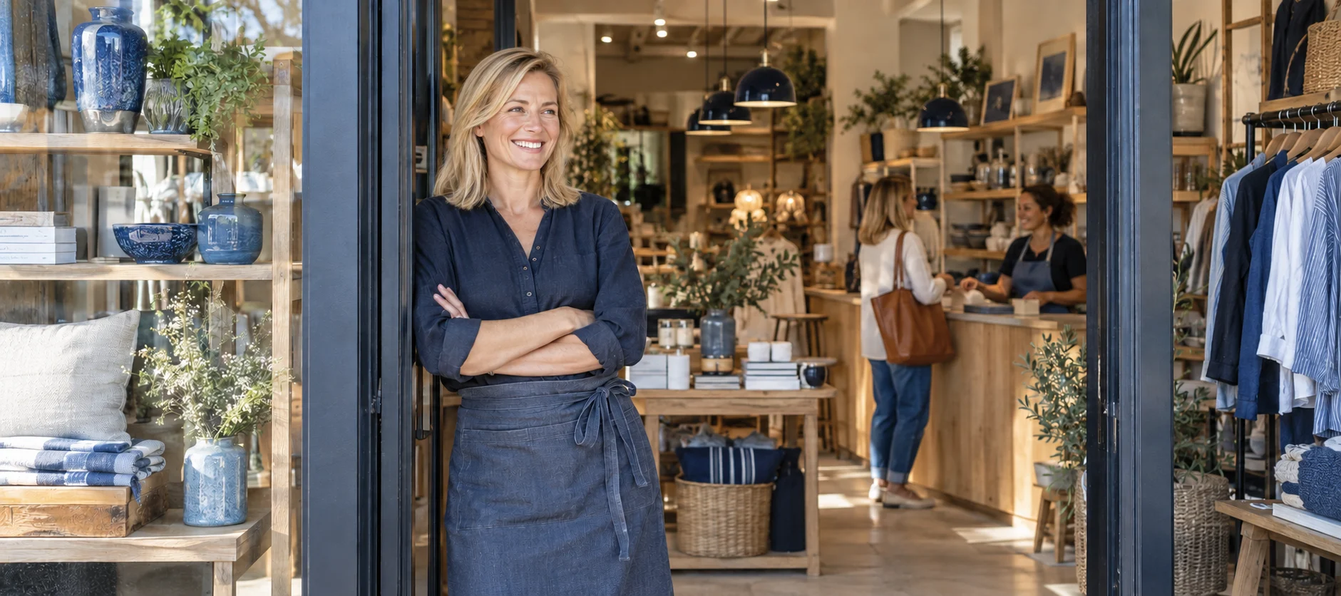 A shop owner welcomes returning visitors to a sunlit store.