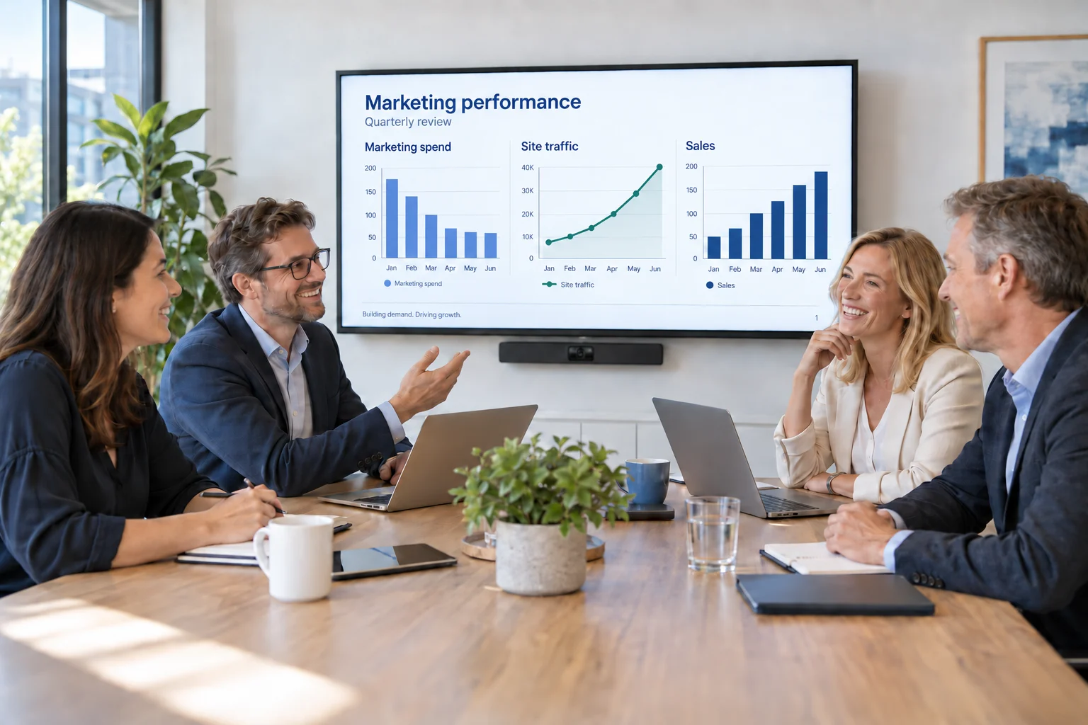 A team reviews marketing results showing lower spend, more traffic and growing sales.