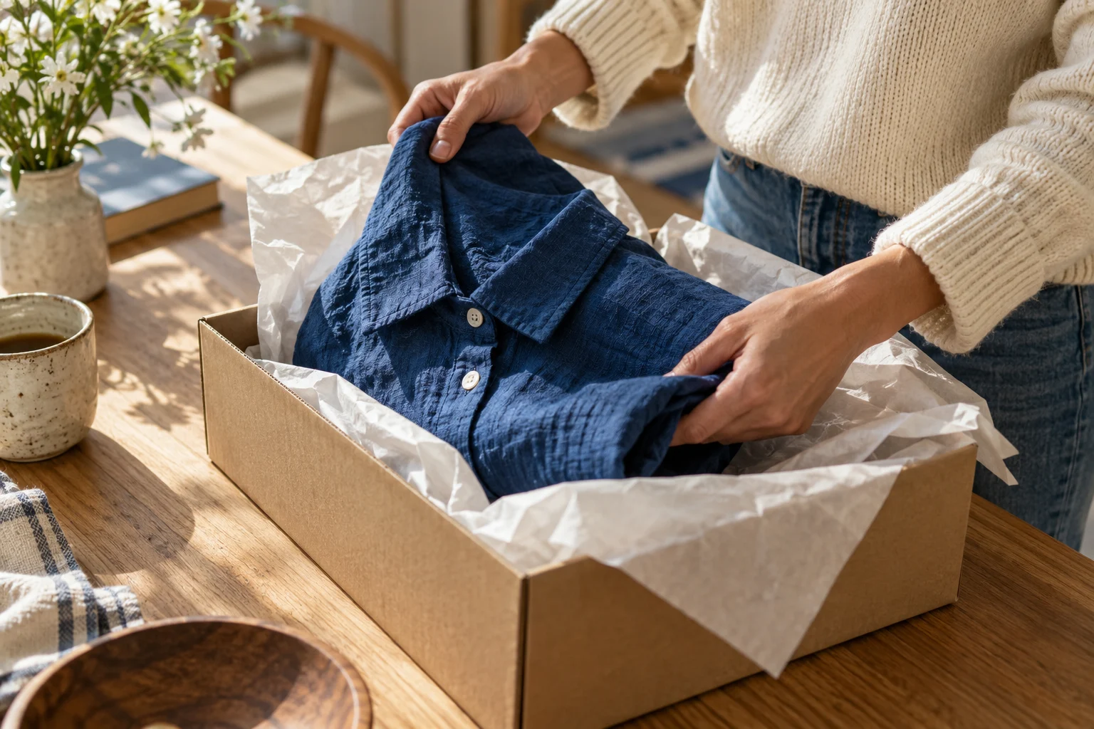 A shopper opening a delivery containing a blue shirt.