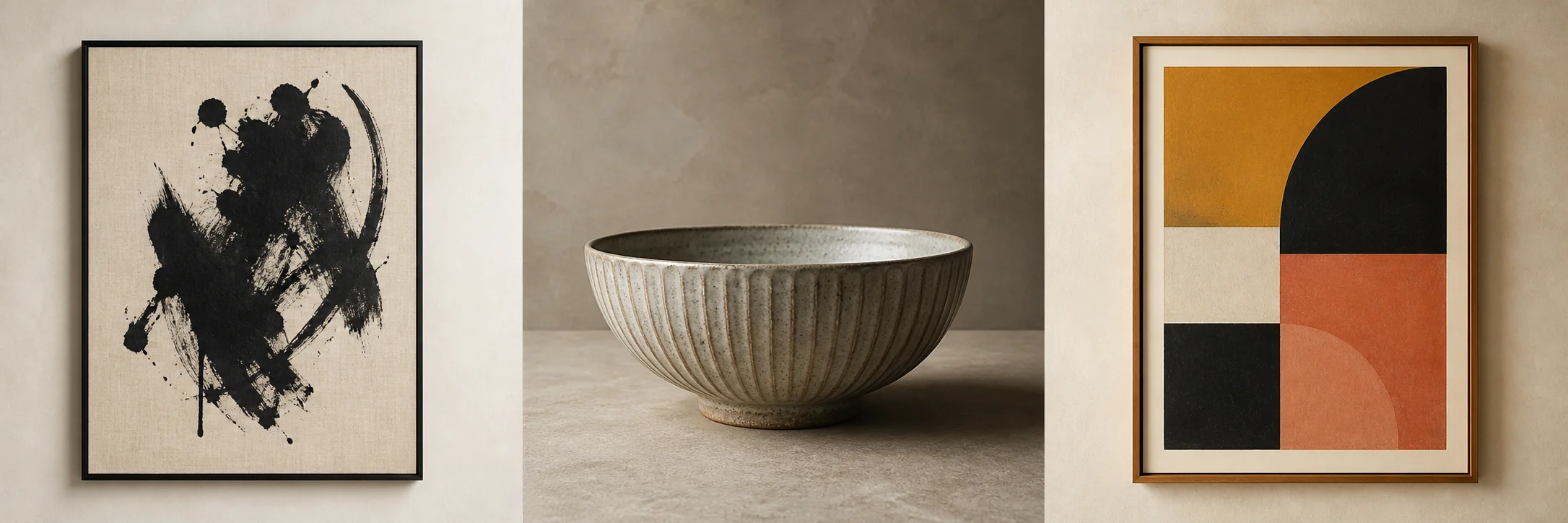 Artwork and a ceramic bowl from Harbor Exchange’s public marketplace.